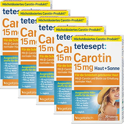 tetesept Carotin 15 mg Haut + Sonne – 5 x 30 Tabletten – Haut Vitamine für die Schönheit gebräunter Haut – Nahrungsergänzungsmittel mit β-Carotin und Antioxidantien