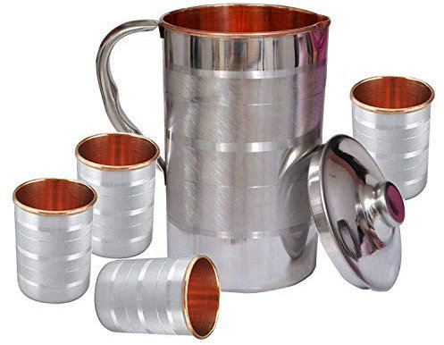Handmade 1.6 Litre Pure Copper Steel JUG with 4 Copper Steel Glasses (300ml Each) Leak Proof and Joint Free