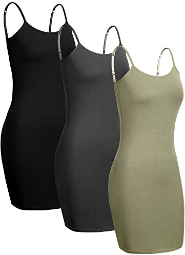 Geyoga 3 Stück Lange Damen Unterkleider mit Riemen Frauen Unterröcke Miederkleider (Schwarz, Dunkelgrau, Olivgrün, M)