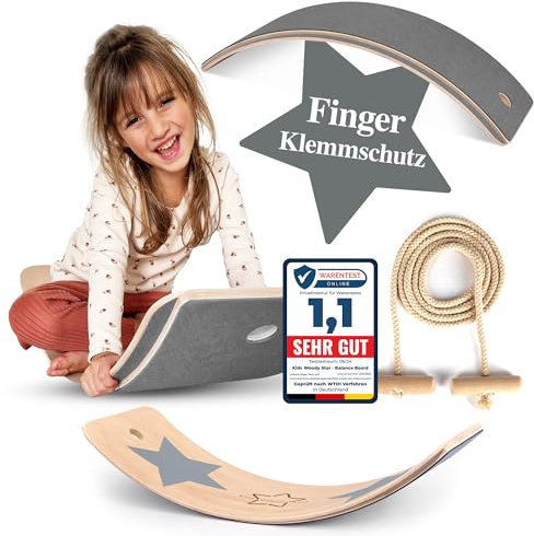 Kids Woody Star® Balance Board Kinder Holz 80x30cm [EXTRA Seil+Filz+Anti-Rutsch] Montessori Spielzeug ab 3 Jahre | Wackelbrett Balancierbrett | Balancieren Kinder Holzspielzeug | Balance-Board