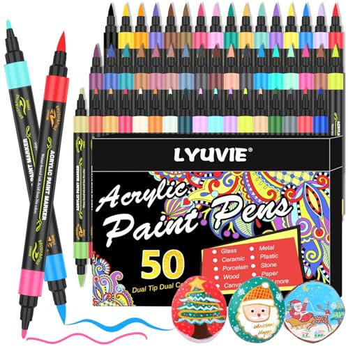Lyuvie 100 Colours Dual Tip Acrylic Paint Pens Set,50 Pack Permanent Acrylic Paint Markers Fine Tip & Brush Tip for Rock Painting Fabric Stone Wood Glass Paper Plastic Craft Supplies