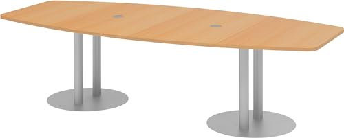 bümö Konferenztisch oval 280x130 cm großer Besprechungstisch in Buche, Besprechungstisch mit Säule in Silber, Meetingtisch für 10 Personen, XXL-Tisch für Besprechungsraum & Meeting