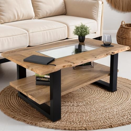 SAM Couchtisch 115x65 cm Patrick, Sofatisch mit Ablage und Glasplatte, Akazienholz massiv + naturfarben, Beistelltisch mit schwarzem U-Metallgestell, echte Baumkante