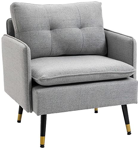 HOMCOM Divano 1 Posto in Tessuto Effetto Lino con Braccioli e Cuscini Imbottiti, Divanetto 1 Posto Moderno con Gambe in Acciaio, per Ufficio, Soggiorno, Salotto e Camera da Letto, 72x70x80cm, Grigio