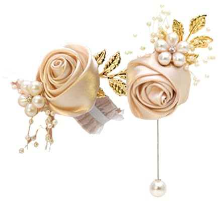 Hrlace Boutonniere und Handgelenksblume 2 Stück Rosen Handgelenk Korsage Braut Handgelenk Blume Blumenarmband Handgelenk Corsage Bräutigam Boutonniere für Hochzeiten, Abschlussbälle, Party Champagner