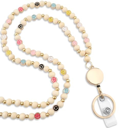 MyfavoriteK Smile Teacher Lanyard for Women with Retractable ID Badge Reel and Keychain Cute Happy Beads Lanyard (Wood)