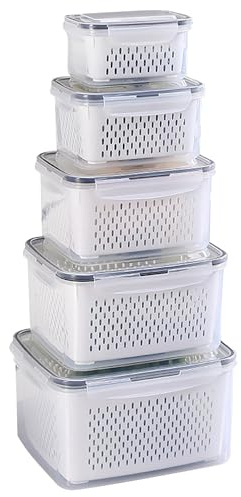 Kongming Organizer Frigorifero, Contenitori Plastica Frigo Con coperchio e cestello di scarico rimovibile per Insalata, Verdura, Frutta (6.2L+4.15L+3.15L+1.7L+0.8L)