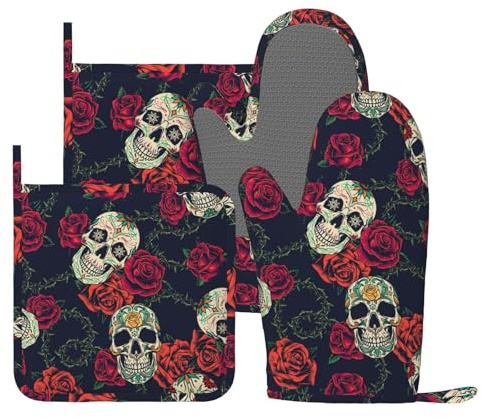 Lot de 4 maniques et maniques vintage en silicone résistant à la chaleur - Motif tête de mort - Antidérapants - Décoration de cuisine pour barbecue