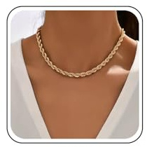 Xduargs Punk Rope Chain Necklace Choker Italian Rope Chain Necklace Thick Twisted Rope Chain Necklace Vintage Twist Rope Necklace Chain Chunky Twist Link Chain Necklace for Women(Gold)