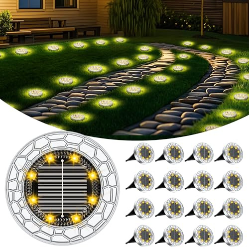 FIFlying 16 pezzi Luci Solari da Giardino, 8 LED Lampade Solare da Terra, Acciaio Inossidabile Bianco Caldo Faretti Sepolta Solari a Led da Esterno, per Prato, Vialetto, Marciapiede, Patio