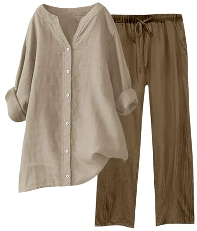 HOOUDO Womens Lounge Wear Sets Cotton Linen Ladies Tracksuit Set 2 Piece Summer Outfits Co Ord Sets Long Sleeve Blouses Tops and Wide Leg Trousers Casual Solid Loungewear Activewear with Pockets