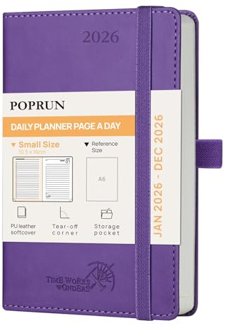 POPRUN Agenda de poche 2026 Journalier 16 x 10,5 cm - Couverture Souple en PU Cuir, 1 Page par Jour A6 petite Planner, D'Jan 2026 à Déc 2026, Signet à 2 rubans, Papier 70 g/m², Pourpre