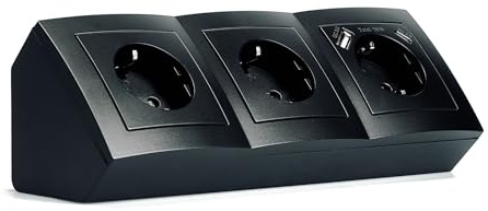 Steckdosenblock 3-fach Schutzkontakt + USB-C/USB-A schwarz – Mehrfachsteckdose Tischsteckdose und Küchensteckdose – Ecksteckdose Steckdosenleiste Schnellldatefunktion