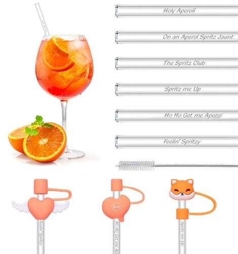 DOINEUFL Aperol Spritz - Cannucce in vetro riutilizzabili, 6 pezzi, 20 cm, riutilizzabili, cannucce divertenti, 6 tappi di paglia antipolvere + spazzola per la pulizia, non fragili, adatte per feste e