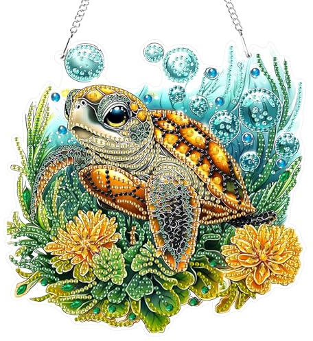 GHHKUD Schildkröte Diamond Painting Fensterbilder Beidseitige, Diamond Painting Anhänger mit Kette, Diamant Malerei Bilder Kristall Anhänger Kits für Eingang und Fenster Wand Decor
