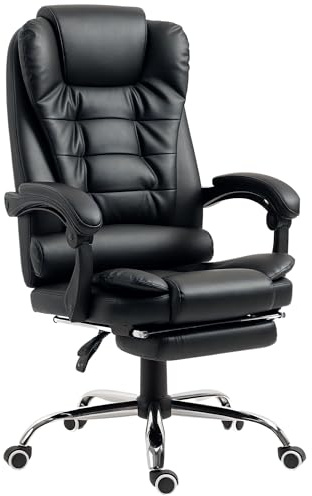 HOMCOM Bürostuhl Ergonomischer Schreibtischstuhl mit Lendenwirbelstütze, Armlehne, Fußstütze, Höhenverstellbarer Drehstuhl mit Wippfunktion, Kunstleder, Gepolstert Computerstuhl, Schwarz