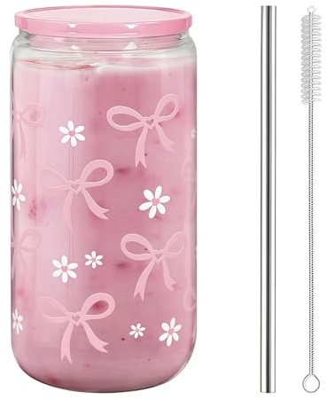 AuraFusion Glas mit Deckel und Strohhalm – 16 oz Pinker Schmetterlingsschleifen-Becher, Ästhetischer Trinkbecher für Kaffee, Smoothies und Mehr, Geschenk für Damen
