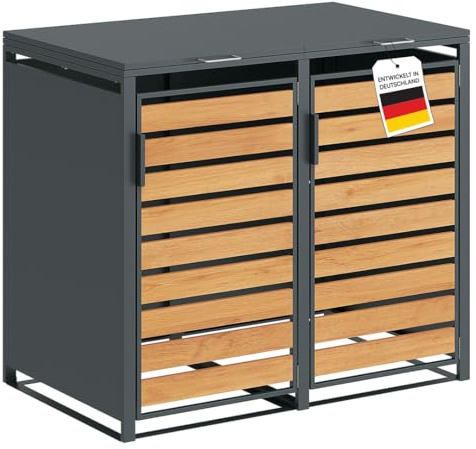 STEELSØN Kestra Mülltonnenbox 2er bis 240L, Anthrazit, Holzoptik, Stahl | Mülltonnenverkleidung mit Sichtstreifen, hochwertiger Müllcontainer für 2 Tonnen, Müllbox, Gerätebox, wetterfest, Outdoor
