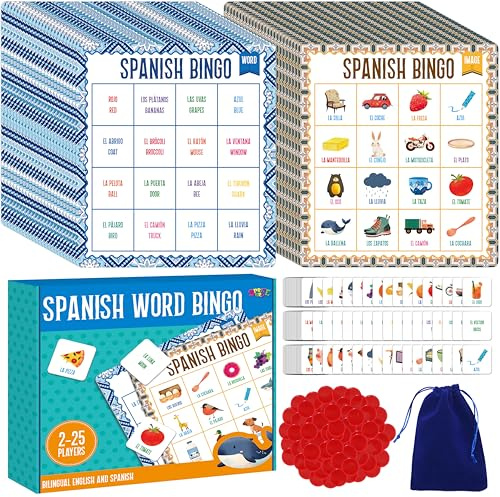 SpriteGru Spanish Bingo Game, 25 Bingo Board Spanish & English Vocabulary Word Game Bilingual Educational Toys for Language Learning - Ages 5 and up (Up to 25 Players)