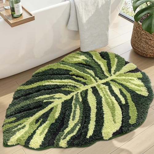 DEXI Leaf Bathroom Rugs Monstera, 31.5x23.5 Soft Fluffy Cute Bath Mat with Non Slip Backing, Washable Absorbent Bath Rug Quick Dry for Shower Floor, Toilet, Bedroom, Kids Room | Soft and Absorbent Microfiber, Non Slip, Machine Washable Bathmat for Shower Floor, Bedroom, Kids Room, Home Decor