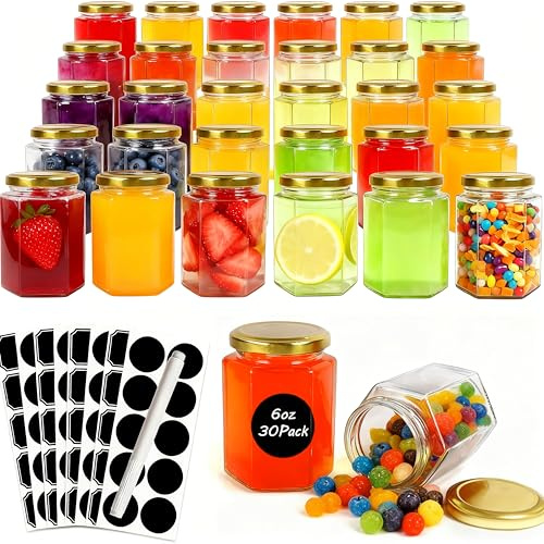 1ZIZIFA8 Hexagon Glass Canning Jars with Airtight Lids 30-Pack 180ml / 6 oz Empty Glass Jars, for Jam, Honey, Pickles, Candle Making, DIY Wedding Favors & Food Storage(Gold Lids)