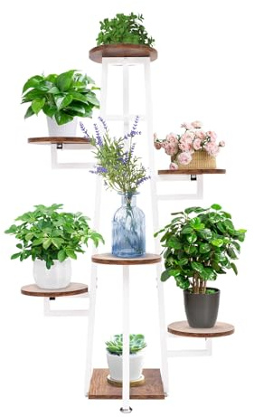 NoneDanGee 7-Tier Hölzern Blumenregal Pflanzenregal, Pflanzenständer Blumenbank, Mehrstöckig Blumenständer Pflanzentreppe Standregal für Innen Außen Garten Balkon Deko (Weiß)