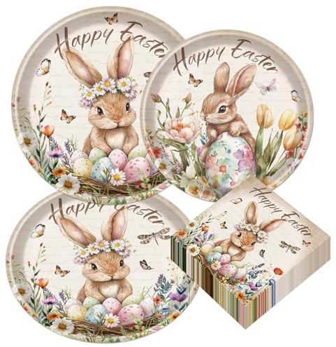 Luvart Spring Easter Party Tableware Set - 72 Pcs Easter Rabbit Tea Party Tableware Paper Plates Napkins Spring Dinnerware Supplies for Wedding Birthday Afternoon Tea Table Decor Serve 24 Guests