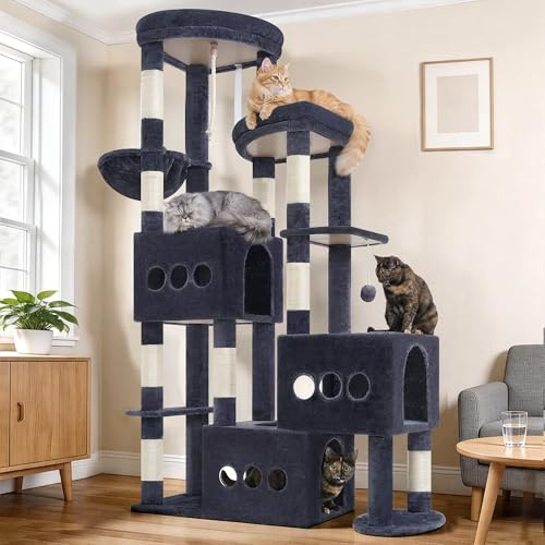 Gitelsnour Kratzbaum 182 cm stabil für Mehrkatzenhaushalt, XXL Katzenbaum mit 3 großen Katzenhöhlen (40x40 cm), 3 Plattformen, Korb und 10 Kratzsäulen, kippsicher, Rauchgrau GCT036G
