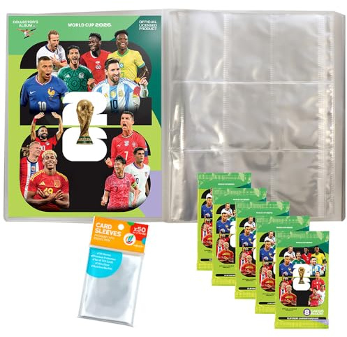 FIFA World Cup Adrenalyn XL 2026-1 Leere Sammelmappe + 5 Booster (Original) + Exklusive Collect-it Hüllen (Eigenmarke Bundle)