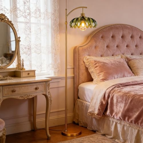 YZSJ Stehlampe Mit Gebogenem Arm Und Grünem Blattglas Schirm Goldene Vintage Design Stehleuchte Moderne Stehlampe Für Wohnzimmer Schlafzimmer Flur E27 LED Lampe Nostalgische Ambiente Beleuchtung