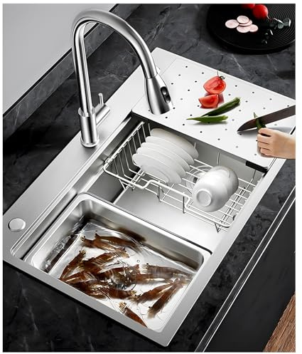 Lavello da cucina in acciaio inox, 60 x 50 cm, grado 304, con 3 fori di montaggio (35 mm), tubo di scarico, cestello, tagliere, piccolo lavabo sottopiano, opts