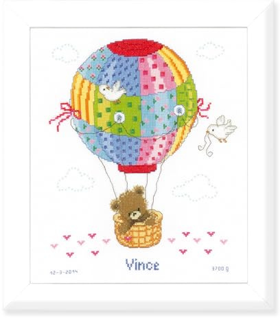 Vervaco Gezählter Kreuzstich Stickpackungen Stickset Baby Geburt Ballonfahrt Wanddekoration Handarbeit Set für Erwachsene Kreatives Handwerk ca. 25 x 29 cm Geburt Geschenk Hausdeko