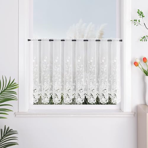 Yujiao Mao Scheibengardine mit Blumen-Lochstickerei, Weiß, HxB 60x150 cm | Voile-Bistrogardine, Moderne Küchengardine, Kurzvorhang für Kleine Fenster, Tür, Halbtransparent, Wohnzimmer, Sichtschutz