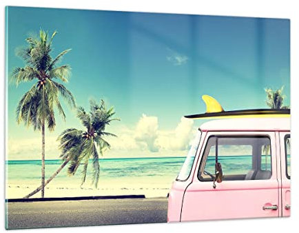 ARTTOR Wandbilder Dekoration Wohnzimmer Auto Surfbrett Strand Ozean Bilder auf Glas 120x80cm Glasbild Schlafzimmer Küche Deko Wand Kunstdruck Art Groß XXL Wanddeko Bild im Glas Modern GAA120x80-2835