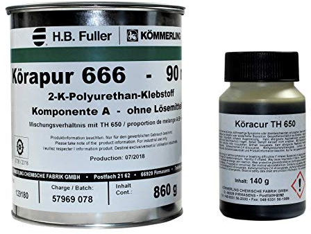 Kömmerling Körapur Reaktionsklebstoff 666/90 (860 Gramm) und Köracur TH650 (140 Gramm) Komplett Set - Polyurethan, Paste, Transparent, Wasserfest, Industrieller Reaktionsklebstoff, Klebstoff