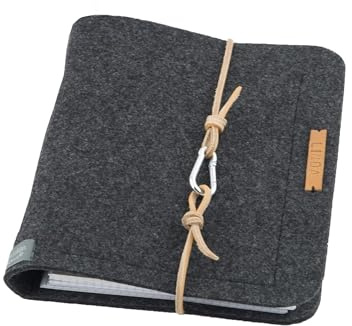 Ringbuch Notizbuch Ringordner PERSONALISIERT A5 Filz Name Kalenderhülle Filz dunkel grau, hellbraunes Leder Geschenk Schule Abitur Ausbildung Studium Karabiner lässig 2,2cm Füllhöhe, 2 Ringe