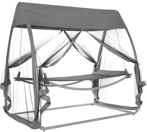 di volio Hängematte mit Gestell Moskitonetz Grau 2-Sitzer Treviso | Sonnendach, Garten, Balkon, Terrasse, Textilene, Stahlgestell, Wetterfest, Tragetasche, 2 Personen