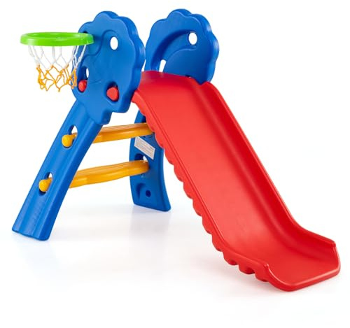 GYMAX Kids Folding Slide, Freestanding Plastic Toy with Climb Steps, Toddler First Slide for Indoor Outdoor (With Basketball Hoop:103 x 68 x 73cm)