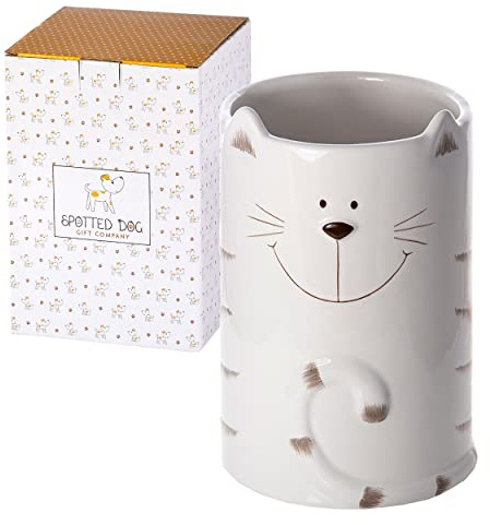SPOTTED DOG GIFT COMPANY Cat Themed Kitchen Utensil Jar – White, Ceramic, Utensil Holders| Kitchen Accessories & Organizer