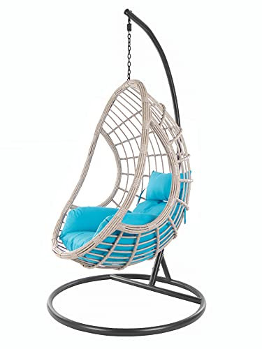 KIDEO Komplettset: XXL Hängesessel mit Gestell & Kissen, Schwingsessel, Poly-Rattan, grau-beige (Kissen: Nest blau [5050 Sky Blue])