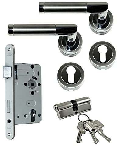 SN-TEC Zimmertür/Wohnungstür Komplett Set, Design Rosetten Beschlag L-Form (beidseitig Drücker) + PZ Schloss (DIN Links) + Profilzylinder