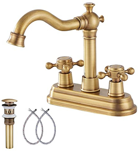 Bathroom Faucet Antique Brass GGStudy 2 Handles 4 Inches Centerset Bathroom Vanity with Drain Assembly and Supply Hose Lavatory Faucet Mixer Double Handle Tap