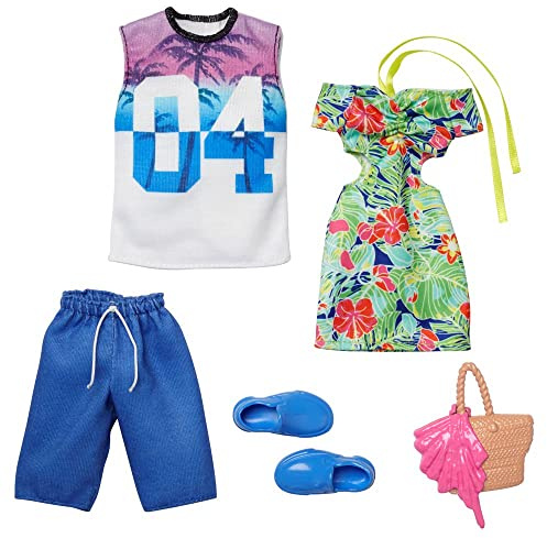 Mattel Barbie & Ken Trend Wardrobe Set, Fashion Outfits with Shoes, Floral & Palm Tree Print