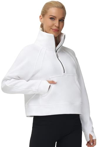 THE GYM PEOPLE Women's Half Zip Pullover Sweatshirt Fleece Stand Collar Crop Sweatshirt with Pockets Thumb Hole White