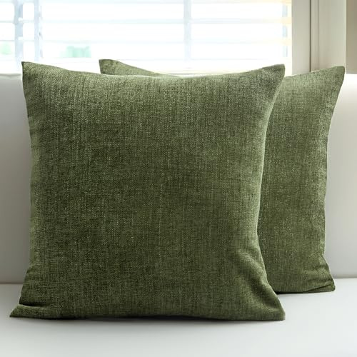 Encasa XO Chenille Kissenbezug, Sofa, ohne Füllung 40x40 cm | Moos, 100% Polyester | Versteckter Reißverschluss | Dekokissen & Zierkissen | Weich & Langlebig | 2er Set
