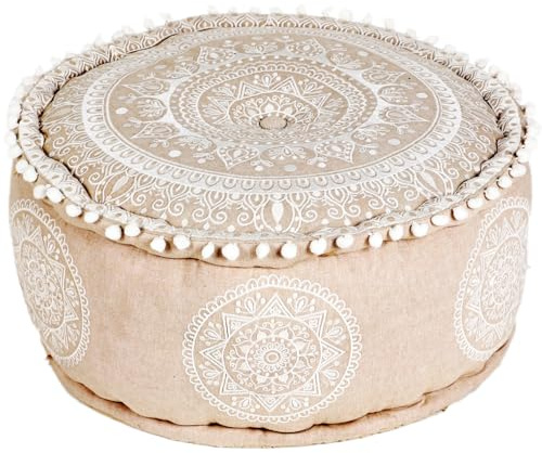 Boho Pouf Donia handgefertigt aus Baumwolle in Beige 50 cm handgemacht