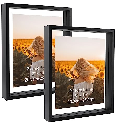 WIFTREY Black 8x10 Floating Picture Frame 2 Pack, Double Glass Distressed Floating Photo Frame for Tabletop or Wall Mount, Displays Photo up to 10x12