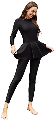 Women Muslim Swimsuits Modest Swimwear Islamic Burkini Full Body Cover Muslim Dress Top Swimming Pants One Piece Athletic Rash Guard Long Sleeve Surfing Wet Suits Sun Protection Black XL