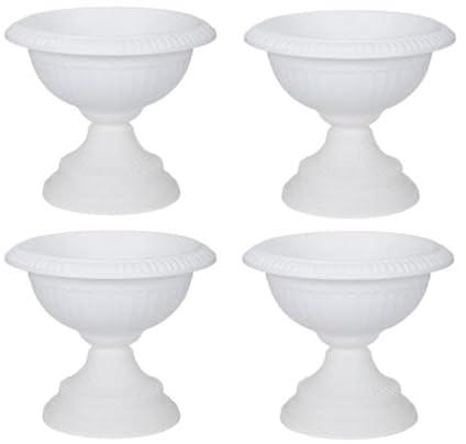 PREMZO Round Grecian Classical URN Patio Pots 42 CM Flower Planter Outdoor Or Indoor Plant Plastic Base Home Office Garden Wedding Flower Porch Front Door Planter Set Of 4 (WHITE)