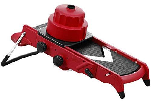 VIXPET Cortador de verduras con hoja en V ajustable Cortador de verduras multiuso, tiras (6/9 mm), rebanadas (1-6 mm), cubos (cuadrados/rombos), cortador de mandolina, rojo